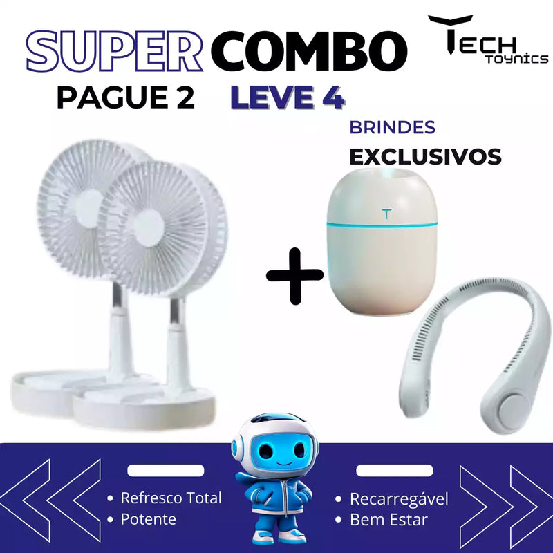 Ventilador Portátil TechToynics® - Modo Retrátil e Silencioso (LEVE 2 E ECONOMIZE)